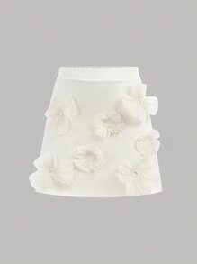 SHEIN Tween Girl Casual Elegant Knitted Solid Color 3D Rose Neck Tank Top & Mini Skirt 2-Piece Set, French Chic Outfit - Apricot - View 9