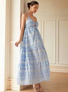 Aveloria Rosie Vestido francês elegante para férias de verão, com recorte a laser, bordado, cintura alta, sem mangas, estilo boho, praia, estampa completa - Multicolorido - Ver 1