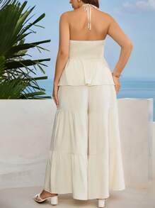 Breezaya Mono de 2 piezas de pierna ancha con hombros abiertos y volantes en unicolor, con cordón, talla grande, romántico y favorecedor para vestir casual de playa y vacaciones de verano