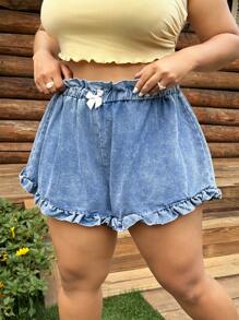 SHEIN MOD Plus Size Women's Casual Loose Ruffled Denim Shorts, Blue - Light Wash - View 4