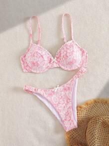 Swim Mod 2pcs Women Solid Color Summer Swimwear, Textured Fabric Shoulder Strap Push Up Bra Top With Bow Decor And Side Ruched Bottoms Bikini Set - Pink - View 5