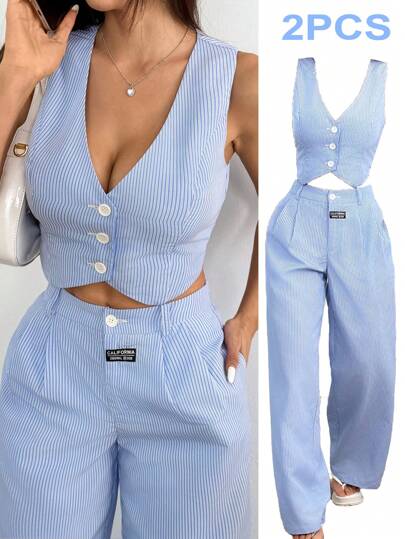 Solflare Conjunto de chaleco sin mangas azul y blanco coordinado con pantalones de talla grande, ropa de primavera y verano para otoño/invierno