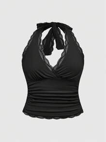 ROMWE Grunge Punk Top senza schienale con halter e bordo in pizzo per donne taglie forti - nero - Visualizzare 5