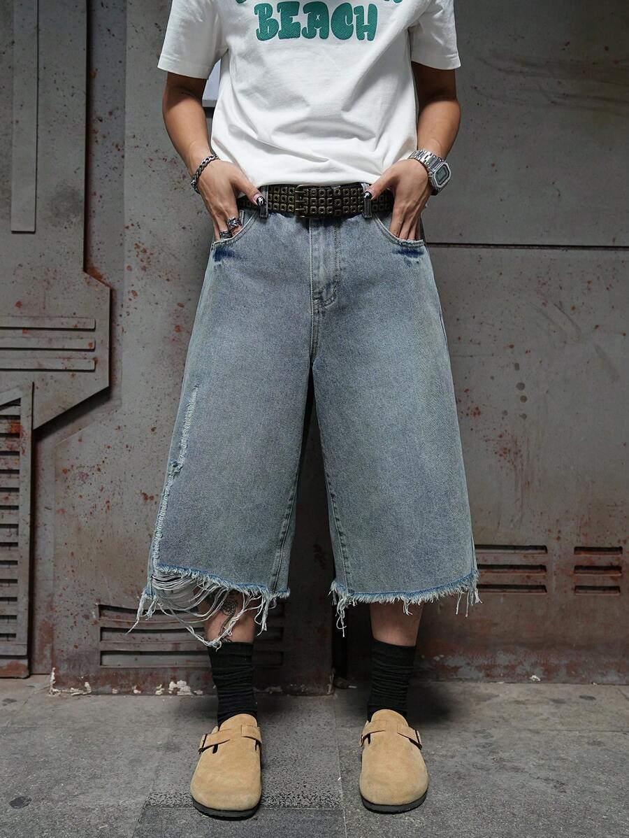 Manfinity EMRG 大码男士休闲水洗牛仔磨边短裤