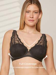 LUVLETTE 2 Stück Damen Sexy Wäsche Volldeckende ungefütterte schwarze Spitze Eleganz & Mesh Minimizer BH Spitzen-BH Panty Matching Sets - Schwarz - Übersicht 5