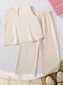 2pcs/Set Young Girl Fashionable Cute 3D Bow Sleeveless Tank Top And Capri Pants Set, Versatile For Vacation & Outings, Spring/Summer
