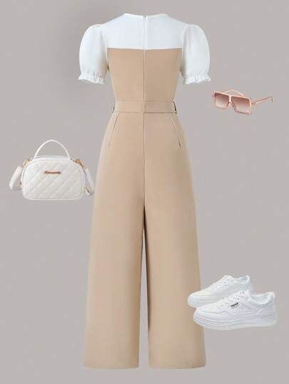 Sparklyn Teen GirlFashion Commuter Contrasting Splice Puff Sleeve Straight Pants Jumpsuit