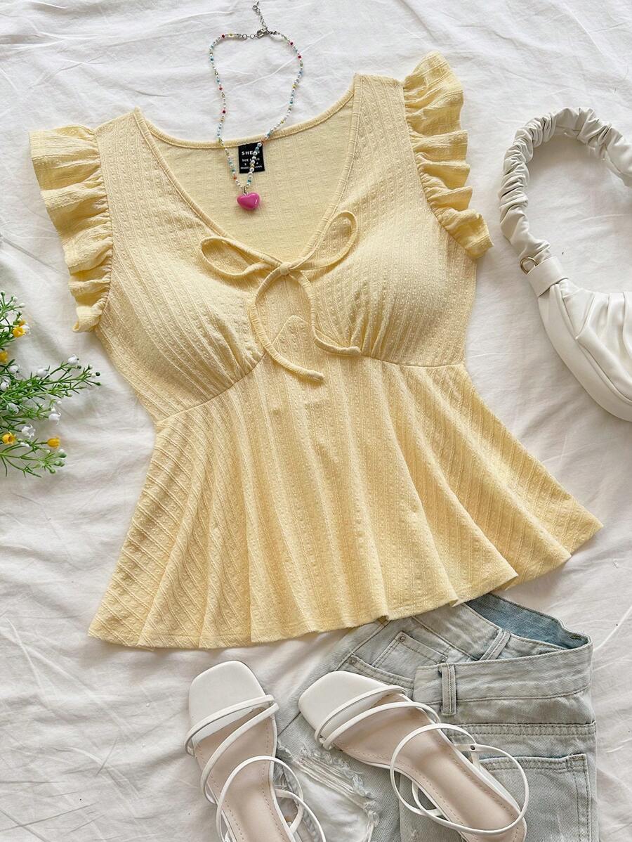 Soleia Women's Vacation Yellow Knitted Textured V-Neck Bowknot Blouse, Casual Wear For Dates, Afternoon Tea, Beach, Cruise, Road Trips, Music Festivals - Yellow - View 1