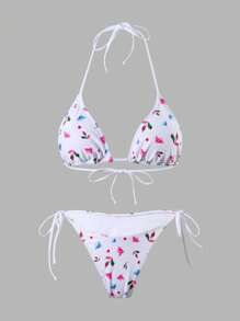 SHEIN Women 3 Pieces Ditsy Floral Bikini Set - Tie Halter Top, Thong Bottoms, And Floral Skirt, Casual, Vacation, Beachwear, Sweet Style, Spring/Summer - Multicolor - View 3