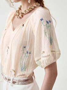 Florisole 波西米亚泡泡袖宽松碎花拼接休闲衬衫 - 杏色 - 查看 2