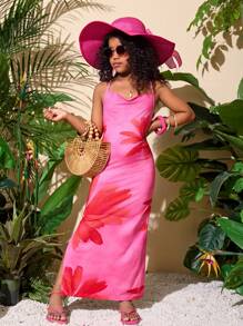 SHEIN Tween Girl Casual Vacation Cross Strap Swing Neckline, Ombre Floral Print, Snug Fit Slit Dress,Summer Dresses
