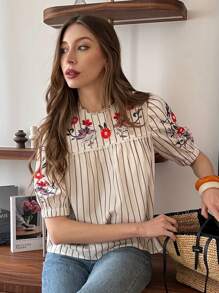 Pariaura Women's Spring/Summer French Striped Embroidered Puff Sleeve Blouse, Loose Embroidery Decor, Versatile Casual Commuter Short Shirt - Apricot - View 3