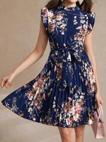 Amorya 印花荷葉邊百褶下擺繫腰帶連衣裙 - 藏蓝色 - 查看 6