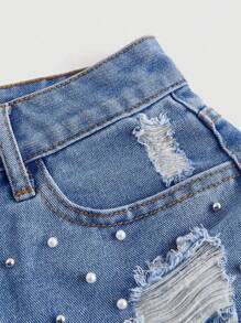 SHEIN MOD Women's Pockets Distressed Pearl Decor Casual Denim Shorts For Summer With Pearl Embellishments And Zipper Detail - Medium Wash - View 3