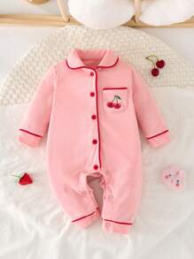 SHEIN Newborn Baby Girl Cartoon Cherry Embroidered Lapel Snap Long Pants Knit Soft Skincare Romper Pajama Set - Baby Pink - View 6