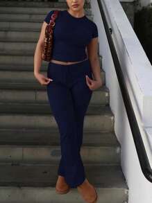 INAWLY 2 Stücke/Set Damen einfarbiger Rundhals Kurzarm T-Shirt und Hose Lässig Outfit