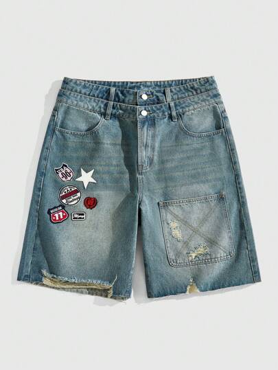 Prep Pantalones cortos vaqueros casuales y versátiles para hombre con bolsillo y estampado de estrella desgastado