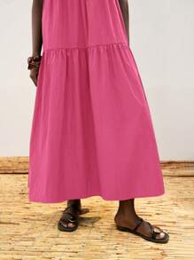 Maija Women's Fuchsia Oversized Pleated Circular Hem Design Casual Loose Fit Comfortable Round Neck Sleeveless Horizontal Splicing Dress, Elegant Resort Boho Beach Maxi Dress - Hot Pink - View 5