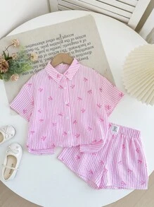 Bộ 2 áo sơ mi kẻ sọc dệt trang trí nơ + quần short rộng rãi, thích hợp cho các buổi đi chơi, tiệc tùng, mua sắm cho các bé gái - Hồng - Xem 7