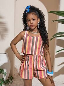 Tween Girl Striped Backless Tank Top And Shorts Girl Two Pieces Set, Perfect For Vacation Spring Summer Clothing - Multicolor - View 4