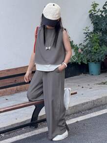 Dazy Kids 2 件套幼儿女童无袖圆领上衣 + 阔腿裤，夏季服装 - 灰色 - 查看 4