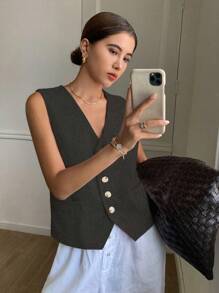 DAZY Women's Solid Color Fitted V-Neck Sleeveless Blazer Linen,Fall Clothes Business Attire - Dark Grey - View 5