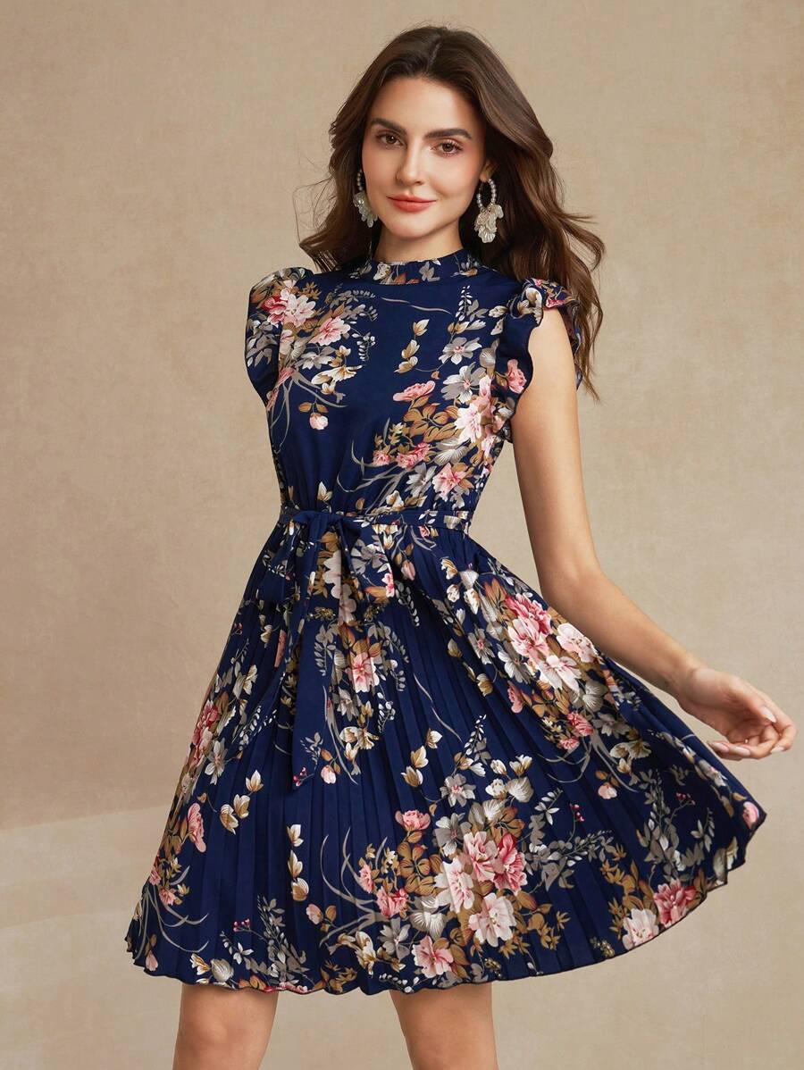 Amorya 印花荷葉邊百褶下擺繫腰帶連衣裙 - 藏蓝色 - 查看 1