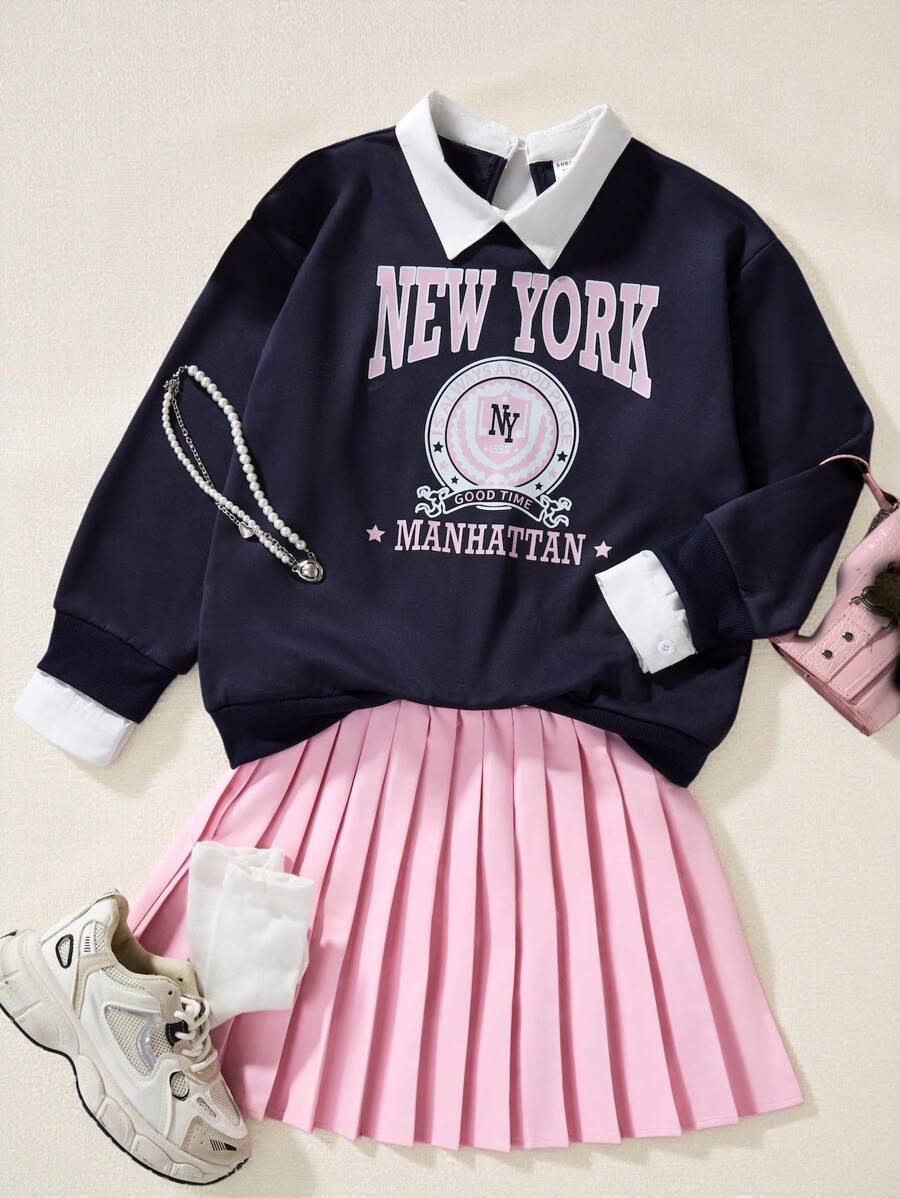 SHEIN 少女字母印花马球领运动衫和百褶裙套装 - 彩色 - 查看 1