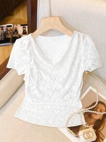 SHEIN Clasi New Elegant Lace White Puff Collar Fitted Women Short Sleeve T-Shirt - Beige - View 3