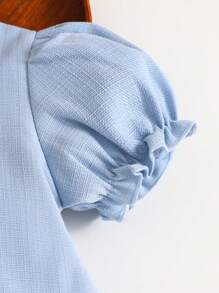 女婴白色连衣裙，蝴蝶结装饰，可爱甜美风格，褶皱下摆，时尚外观，白色优雅泡泡袖连衣裙，适合春夏秋季节，非常适合外出和聚会 - 藍色 - 查看 3