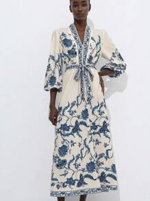 Aveloria Modichic Women's Loose V-Neck Puff Sleeve Floral Print Maxi Dress, Waist Cinched With Colorblock Floral Prints, Casual Holiday Style - Multicolor - View 5