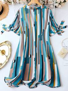 EMERY ROSE 大码女式条纹印花短袖休闲马球领连衣裙 - 綠色 - 查看 2