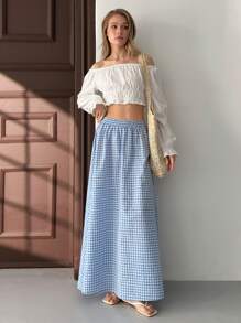 EURMUSE 女士多色高弹力细节半身裙 - 藍白色 - 查看 5