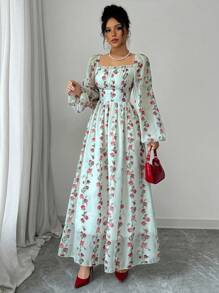 Modelyn 女士优雅竖条纹花卉方领收腰 A 字连衣裙，春夏 - 彩色 - 查看 1