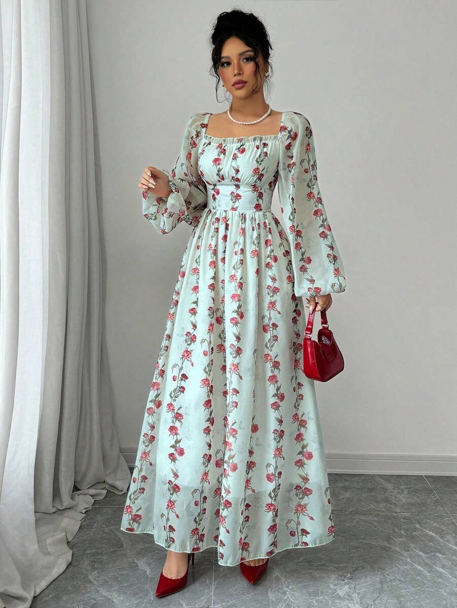 Modelyn 女士优雅竖条纹花卉方领收腰 A 字连衣裙，春夏 - 彩色 - 查看 1