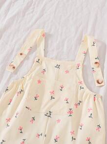 SHEIN Vintaside Kids Baby Girls 0-3 Years Infant Toddler Ditsy Floral Jacquard Strap Overall Jumpsuit, All-Match For Spring Summer All Season