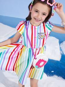 SEALOOK X SHEIN Vestido de manga curta para meninas com estampa de foca e sorvete, estampa colorida de dopamina e férias de verão - Multicolorido - Ver 5