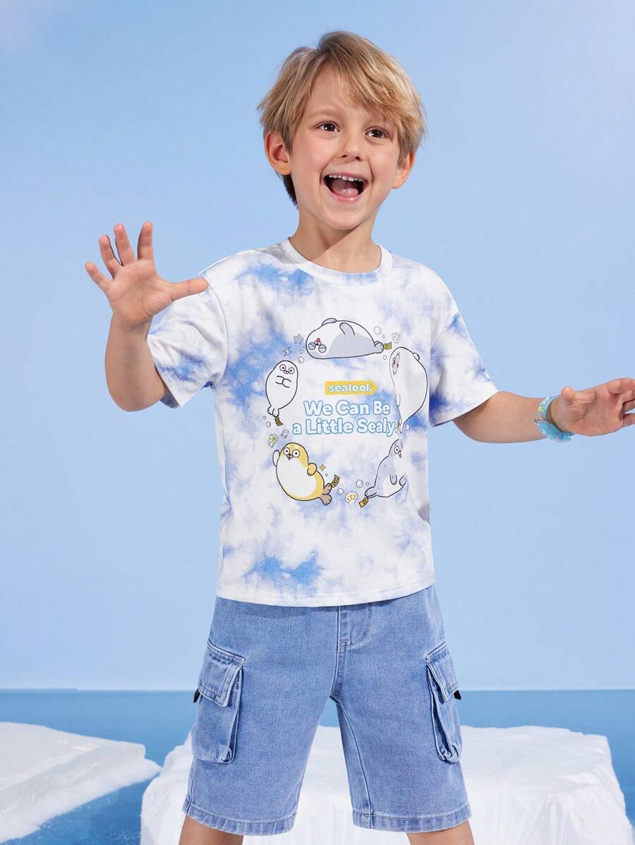 SEALOOK X SHEIN 小男孩卡通可爱海豹蓝色扎染清爽休闲百搭短袖T恤