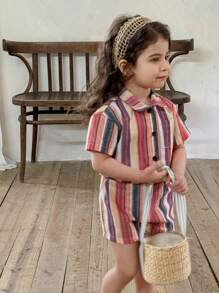 SHEIN LMoss Kids 2件套女婴梭织条纹休闲衬衫和短裤套装 - 彩色 - 查看 4