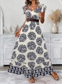 SHEIN LUNE Shirred Ruffle Trim Flutter Sleeve, Cinched Waist And Ruffle Hem Swing A-Line Maxi Dress, Casual Vacation Floral Print For Women,Bohemian Clothes - Royal Blue - View 6