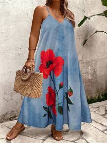 SHEIN Clasi 加大码女式花卉玫瑰印花细肩带 V 领连衣裙，宽松舒适 - 藍色 - 查看 3
