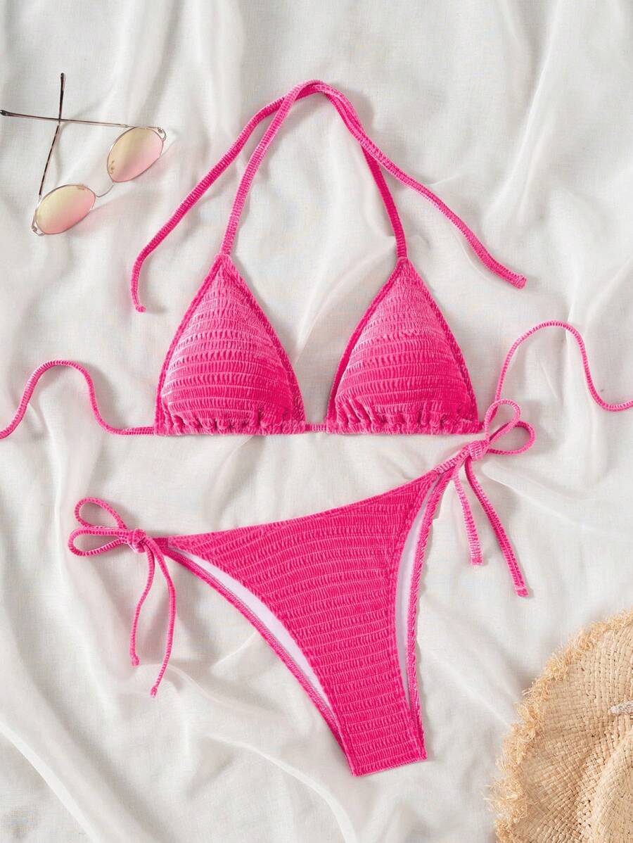 Swim Mod Set Bikini Halter Warna Pink dengan Tekstur Polos dan Bantalan yang Dapat Dilepas untuk Wanita, Cocok untuk Liburan Pantai Musim Panas - Hot Pink - View 1