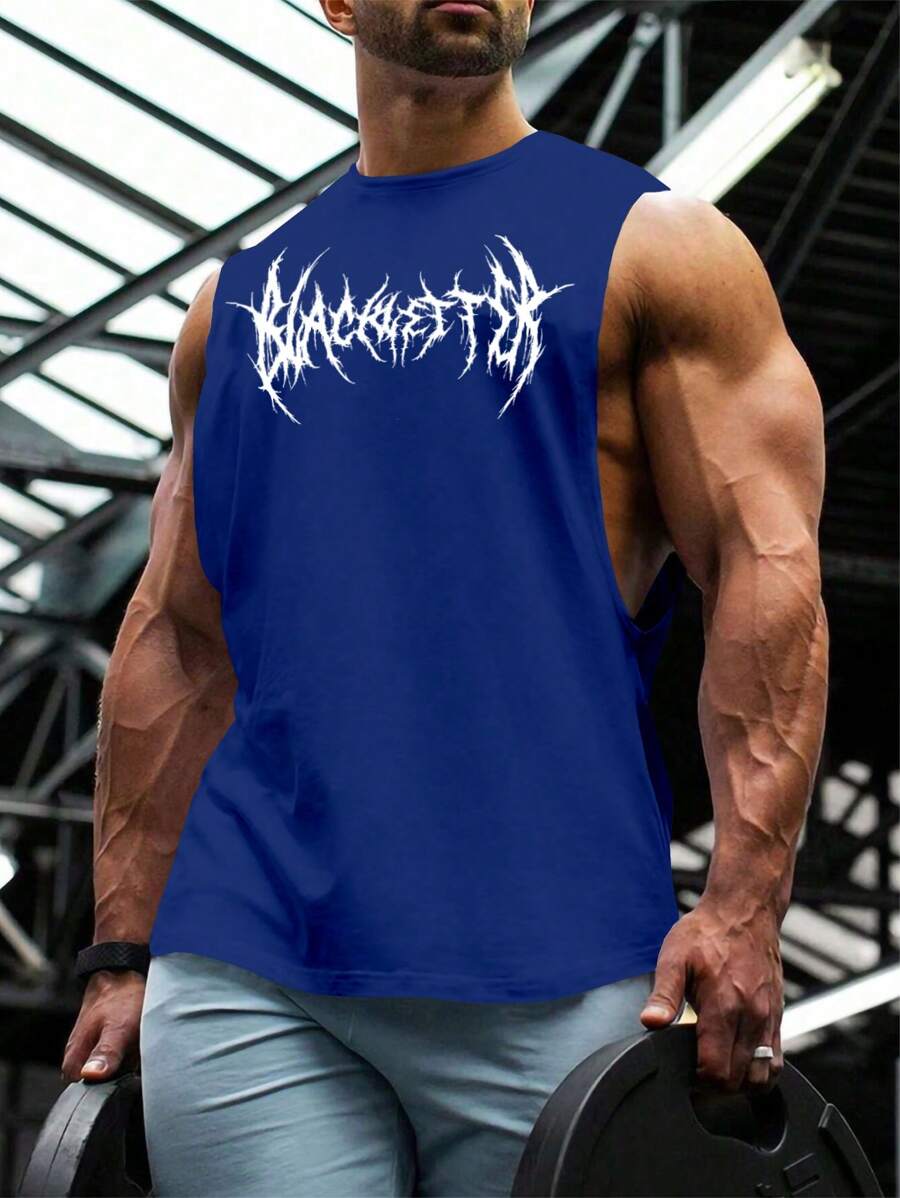 Manfinity Sport PWRUP Men's Gothic Letter Print Round Neck Daily Fitness Sports Tank Top Workout Clothes Running Tees & Tanks - Blue - View 1