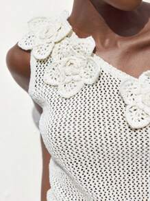 Maija Summer Off-White Elegant Women Handmade Crochet Knitted Tank Top,Handmade Hollow Out Asymmetrical Shoulder Floral Decor Vacation Beach Party Cute Top - White - View 8
