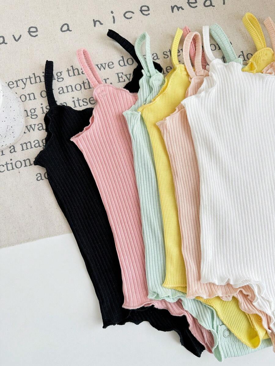 SHEIN LMoss Kids Bộ 6 món/Bộ đồ liền thân dệt kim màu trơn có dây đeo cho bé gái sơ sinh mùa hè - Nhiều màu - Xem 1