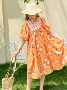 LMoss Kids Robe ajustée à col rond et manches bouffantes avec motif floral ditsy pour jeune fille - Orange - Voir 4
