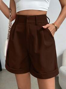 Celisse 女式纯色褶皱口袋休闲百搭短裤 - 棕色 - 查看 6