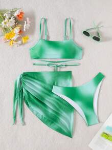 SHEIN Swim 3pcs/Set Women Summer Beach Tie-Dye Sexy Bikini Swimsuit Set With Cover-Up & Half Skirt (Random Print)
