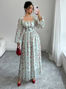 Modelyn 女士优雅竖条纹花卉方领收腰 A 字连衣裙，春夏 - 彩色 - 查看 5