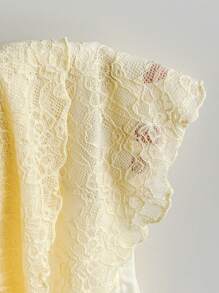 Soleia Women Holiday Summer Yellow Lace Splice Ruched Halter Top + Double Layer Lace Ruffle Mini Skirt Set, Suitable For Holiday Dates, Afternoon Tea, Beach, Cruise, City, Music Festival, All Seasons - Yellow - View 8